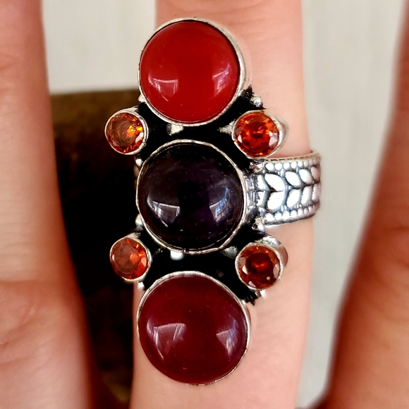 New Cherry Ruby, Amethyst, Coral & Garnet 925 Silver Ring - Picture 2 of 8